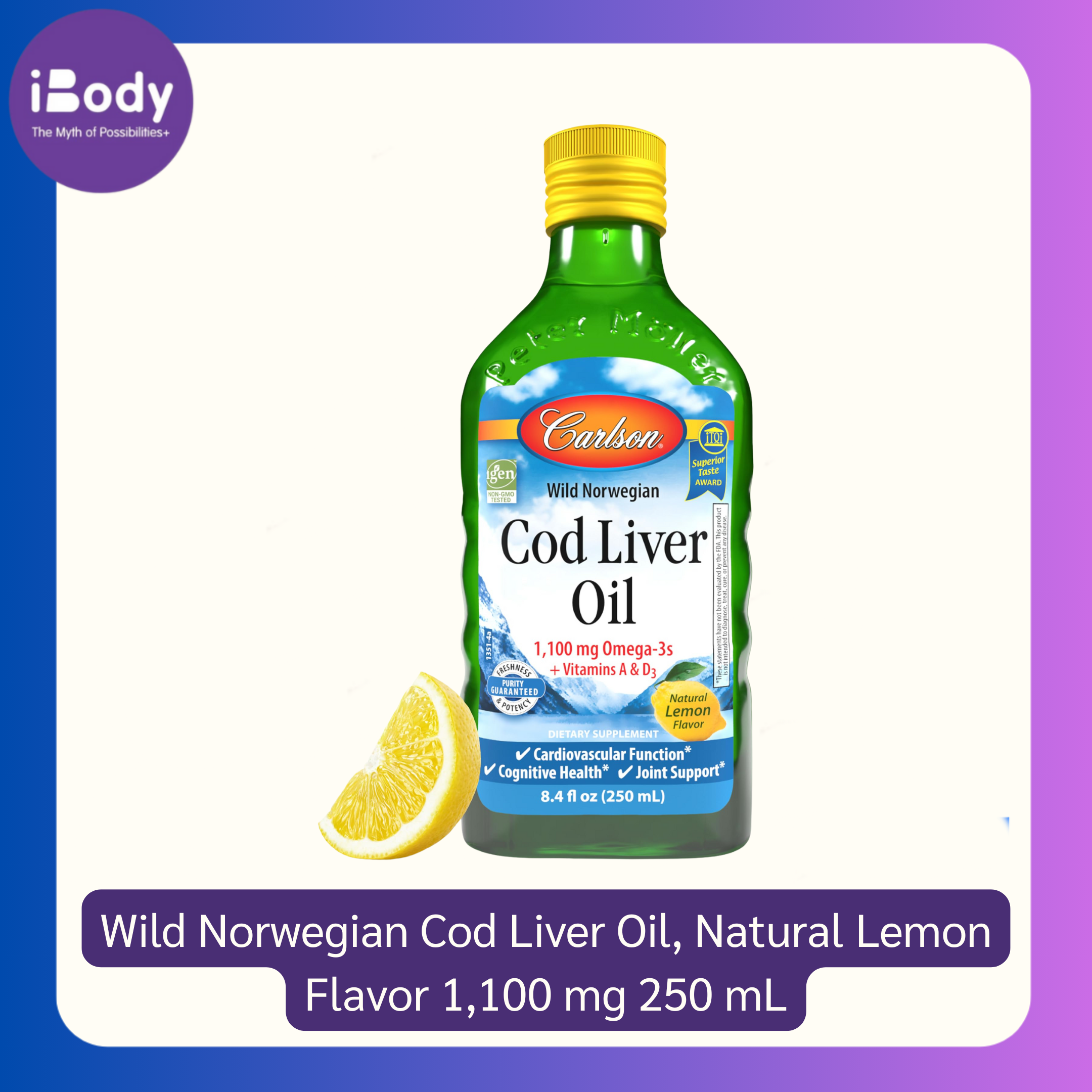 Wild Norwegian Cod Liver Oil, Natural Lemon Flavor 1,100 mg 250 mL (Carlson Labs) Freshness & Potency Purity Guaranteed น้ำมันตับปลาจากนอเวย์