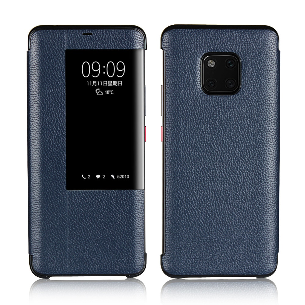 Case Huawei Mate 20 Pro #เคสฝาพับมีช่องวิวผิวลิ้นจี่ View Window Litchi Skin Genuine Leather Flip Cover สีน้ำเงิน (พร้อมส่ง)
