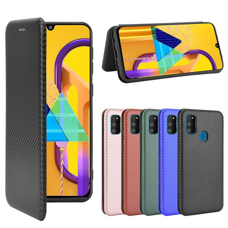 เคส Samsung Galaxy M21 #เคสฝาพับลายคาร์บอนไฟเบอร์มีช่องใส่การ์ด Carbon Fiber Wallet Card Slot Magnet Stand Phone Cover