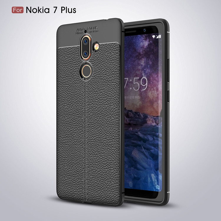 Case Nokia 7 plus #เคสฝาหลัง TPU ลายหนัง PU ผิวลิ้นจี่ช่วยป้องกันลายนิ้วมือคุณภาพดี สีดำ
