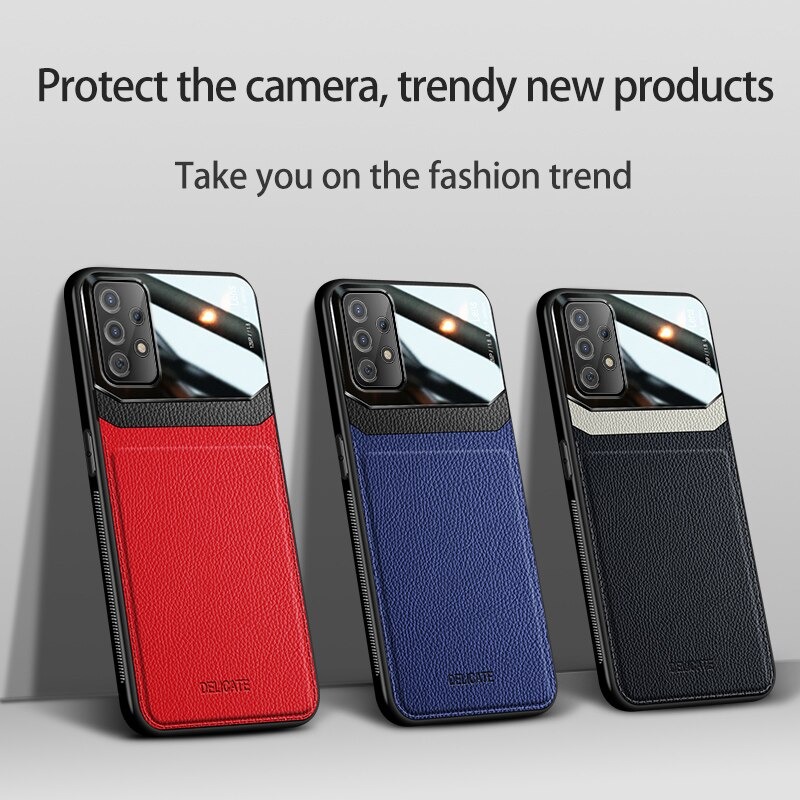 เคส Samsung Galaxy A53 5G #เคสฝาหลังไฮบริด PU +TPU + glass สีทูโทน Shockproof Leather Mirror Glass Silicone Phone Back Cover