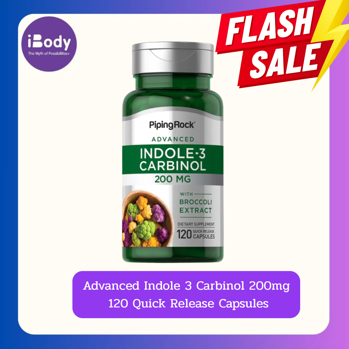 (PipingRock®) Advanced Indole-3-Carbinol 200 mg with Broccoli Extract 120 Quick Release CapsulesPiping Rock สารสกัดจากบร็อคโคลีและเรสเวอราทรอล
