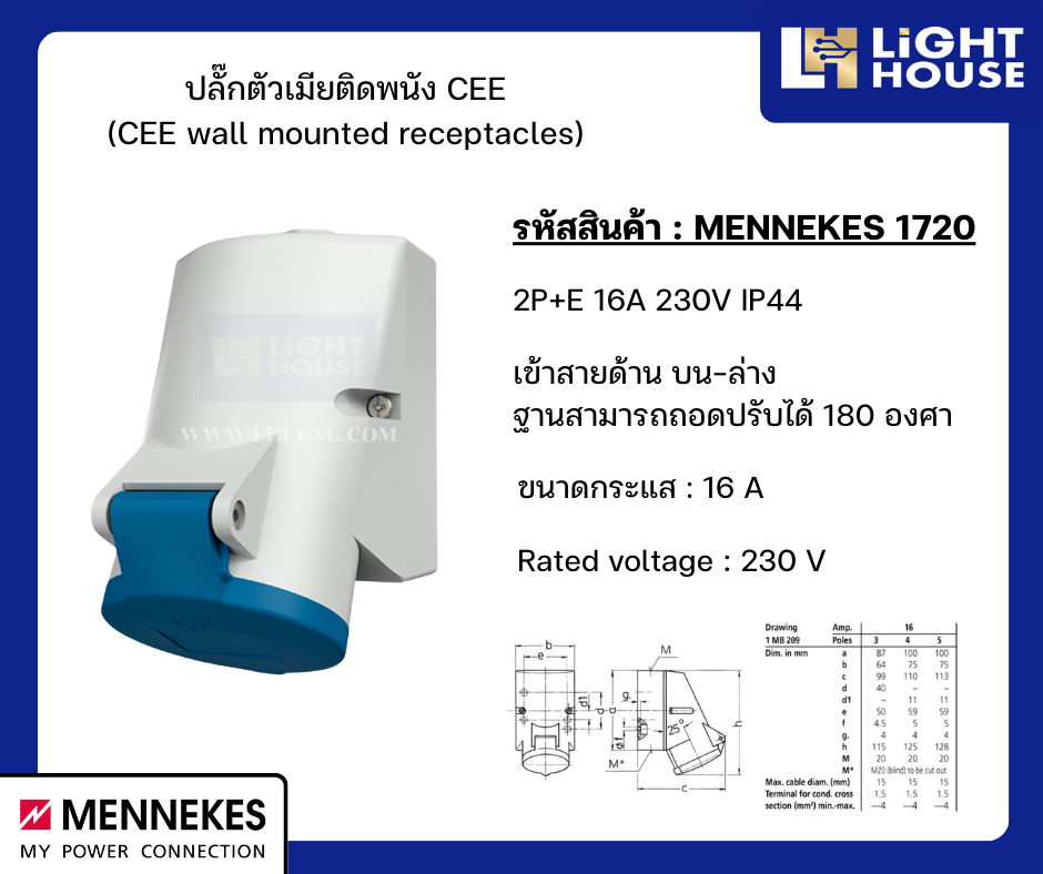 MENNEKES 1720 ปลั๊กตัวเมียติดพนัง 2P+E 16A 230V IP44