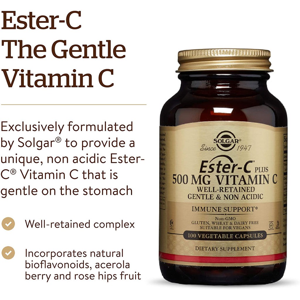 เอสเตอร์-ซี พลัส วิตามินซี Ester-C Plus Vitamin C 500 mg 100 Vegetable Capsules (Solgar®) ผสมไบโอฟลาโวนอยด์ ไม่ระคายเคืองกระเพาะ