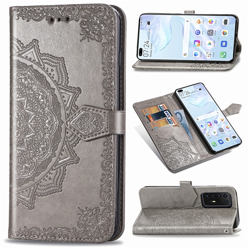 Case Huawei P40 #เคสฝาพับหนัง PU ผิวลายนูน Embossed Mandala Flower Leather Wallet