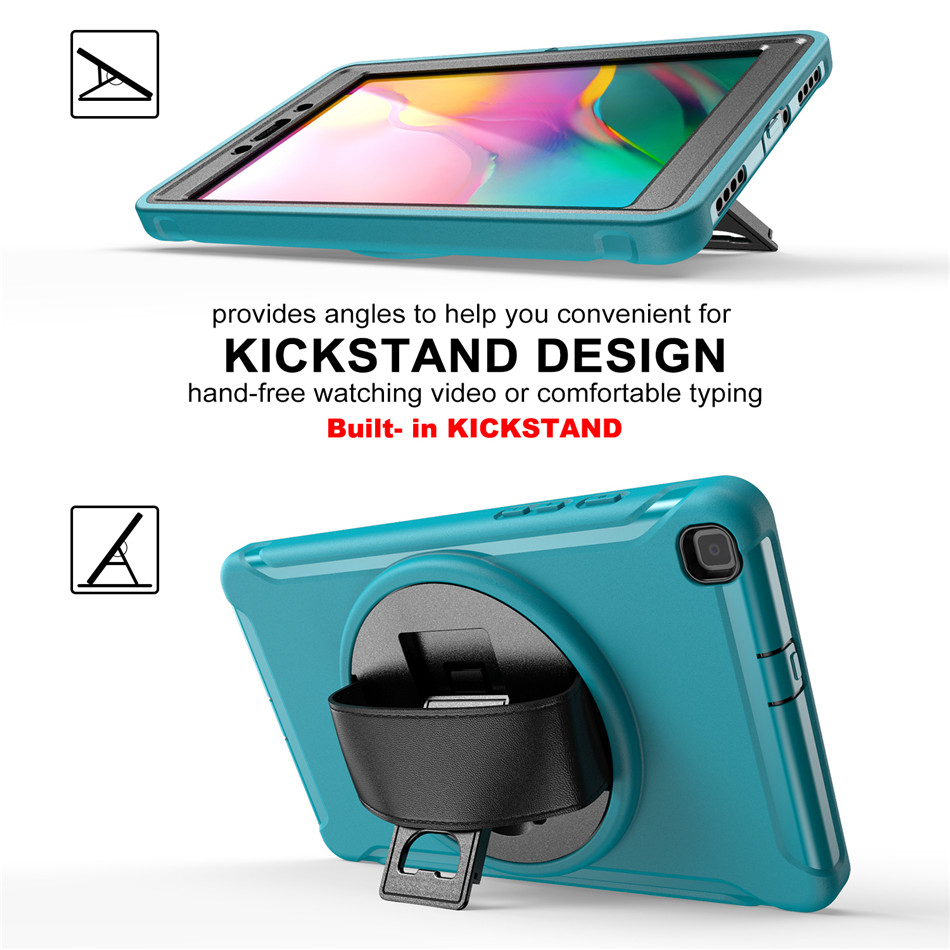 เคส Samsung Galaxy Tab A 8.0 (2019) SM-T290 SM-T295 SM-T297 #เคสฝาหลังพลาสติกมีขาตั้งหมุนได้ 360° Swivel Kickstand PC + TPU Tablet Combo Shell with Hand Strap มีสายรัดมือ