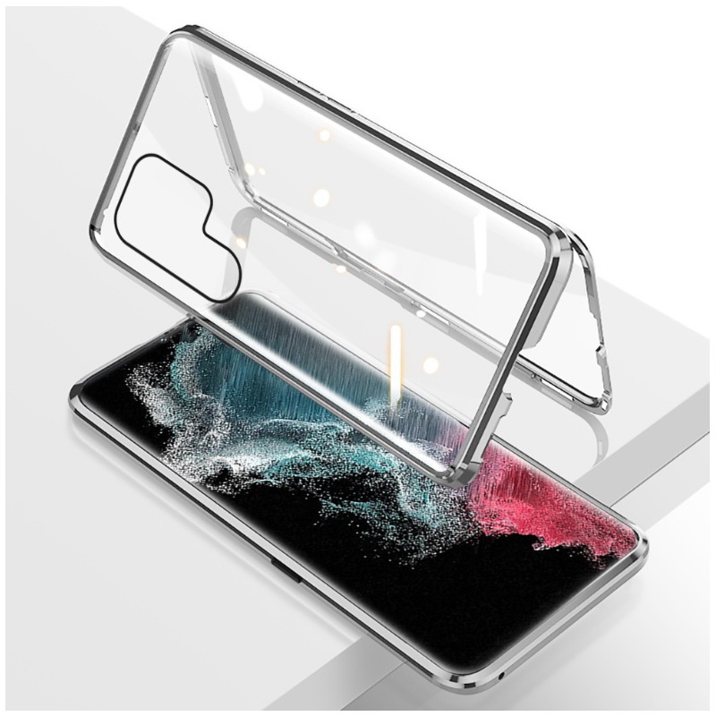 Case Samsung Galaxy S23 Ultra 5G #เคสฝาครอบกระจกประกบหน้าหลังขอบโลหะดูดซับแม่เหล็ก Fully Protection Magnetic Adsorption Glass Metal Phone Protective