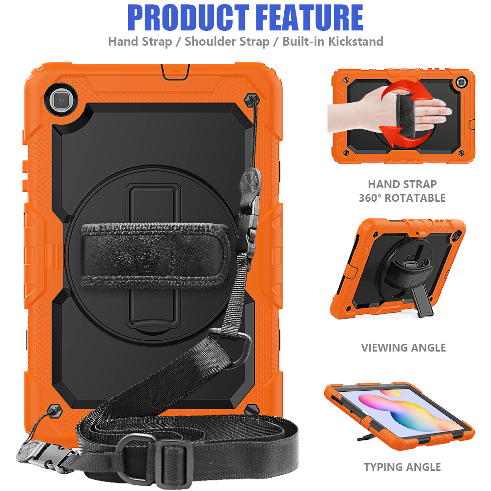 เคส Samsung Galaxy Tab S6 Lite 10.4 SM-P610 P615 P617 #เคสฝาหลังมีสายรัดสวมมือ มีสายคล้องไหล่ 3 Layer Silicon Plastic Stand cover with strap
