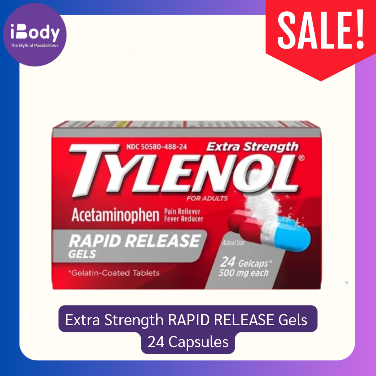 60% Sale!! Exp.10/2025 Tylenol® Extra Strength RAPID RELEASE Gels 24 Capsules ยาบรรเทาอาการปวด ลดไข้ชนิดเข้มข้น