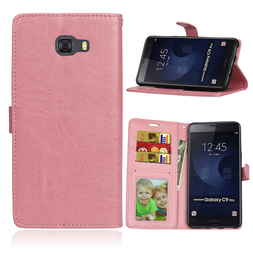 เคส Samsung Galaxy C9 Pro #เคสฝาพับสไตล์กระเป๋าสตางค์ Crazy Horse PU มีช่องใส่บัตร 3 ช่อง #เคสผิวหนังม้า