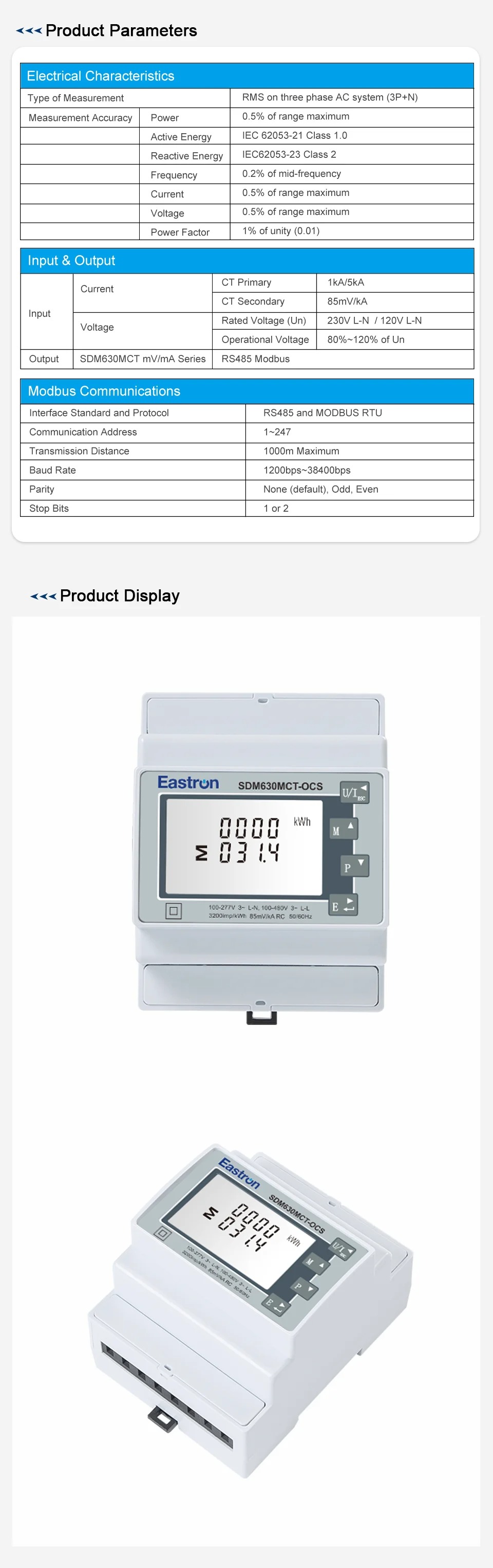พาวเวอร์มิเตอร์ SDM630MCT-OCS ETL Listed Three Phase Three Wire Rogowski Coil Energy Meter