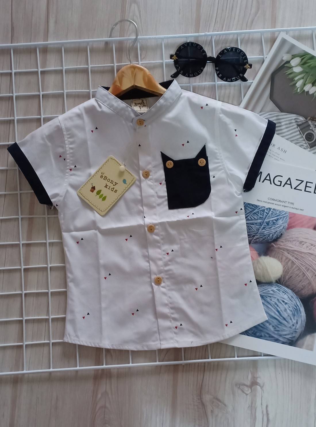 เสื้อเด็ก เชิ้ตคอจีนกระเป๋าแมว