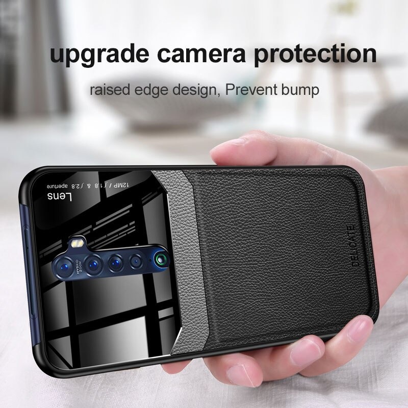 เคส Oppo Reno 2 #เคสฝาหลังไฮบริด PU +TPU + glass สีทูโทน Shockproof Leather Mirror Glass Silicone Phone Back Cover