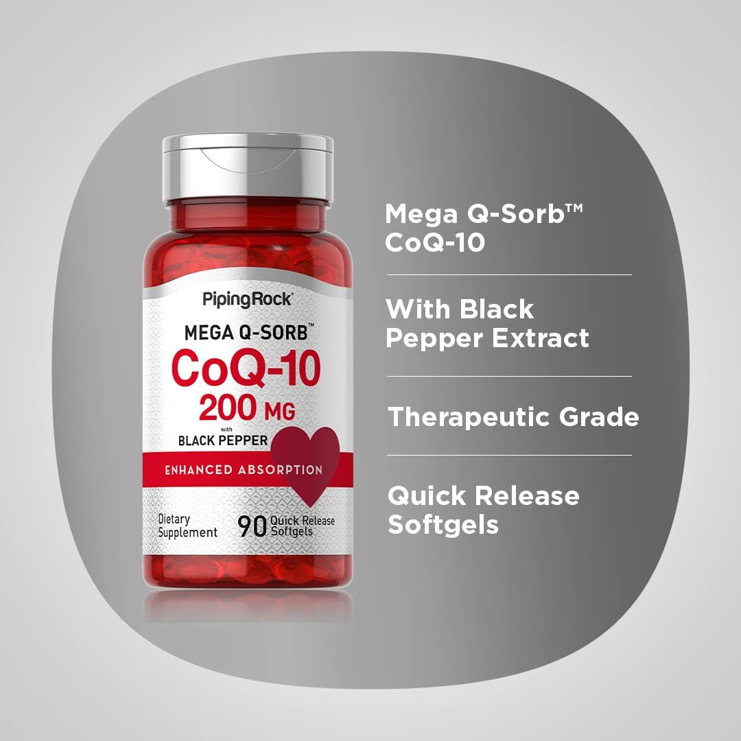 Absorbable CoQ10 โคคิวเทน 200mg + Black Pepper Extract 90 Quick Release Softgels (Piping Rock®) ลดความดัน บำรุงหัวใจ