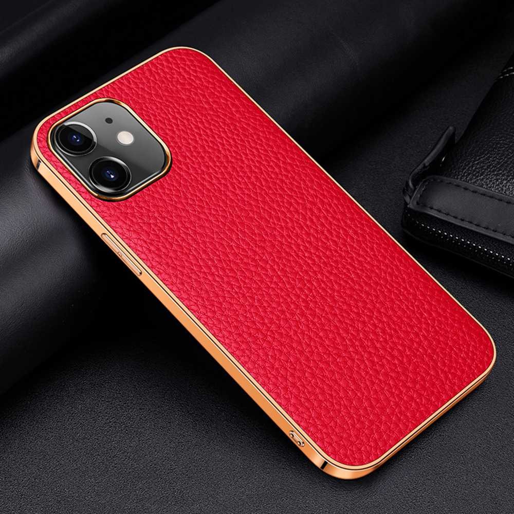 Case iPhone 14#เคสฝาหลังหนังแท้ผิวลิ้นจี่ขอบเงา Luxury genuine leather case with plated ed