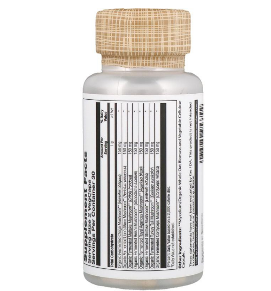 สารสกัดจากเห็ดรวม 8 ชนิด Organically Grown Fermented Mushroom Complete 600 mg 60 VegCaps (Solaray®)