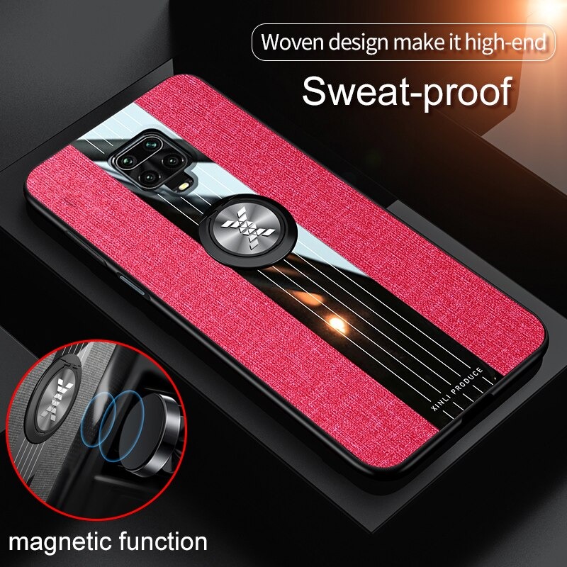 เคส Redmi Note 9 Pro/Redmi Note 9S #เคสฝาหลังเคลือบผ้าเนื้อมีแหวนสวมนิ้ว TPU ไฮบริด+อะคริลิ + แหวนโลหะ