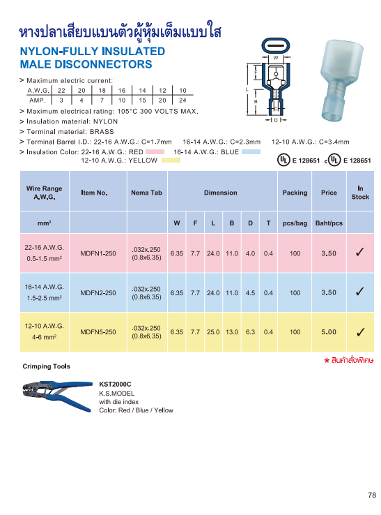 MDFN หางปลาเสียบแบนตัวผู้หุ้มเต็มแบบใส,NYLON-FULLY INSULATED MALE DISCONNECTORS