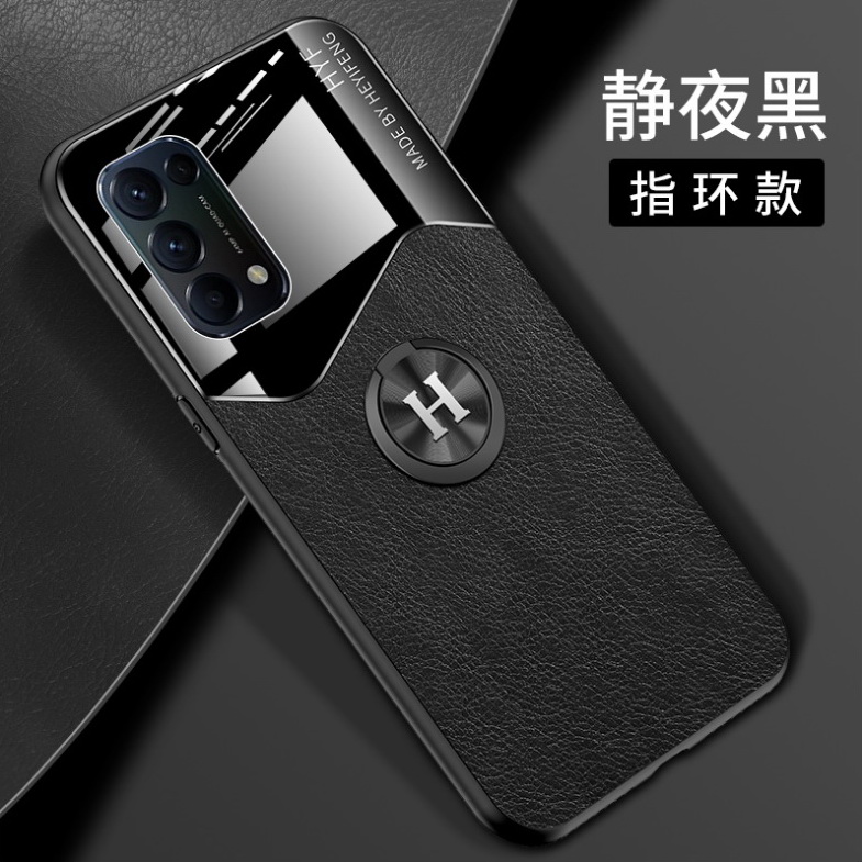 เคส OPPO Reno 5 5G #เคสฝาหลังไฮบริด PU +TPU + glass สีทูโทนมีแหวนสวมนิ้ว Shockproof Leather Mirror Glass Silicone Phone Back Cover