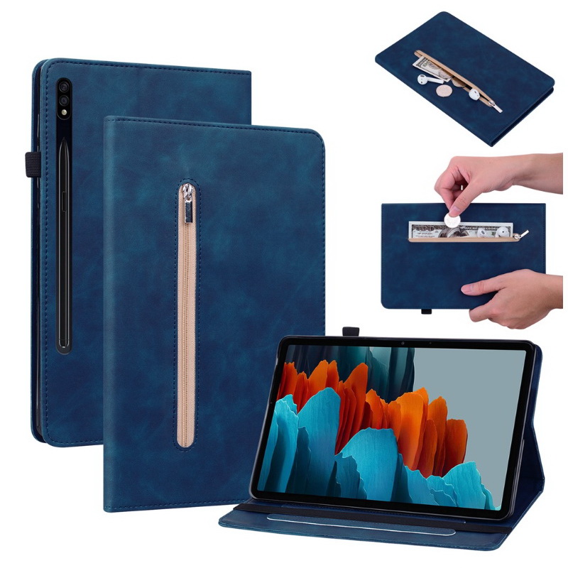 เคส Samsung Galaxy Tab S8 5G 11 นิ้ว SM-X700 SM-X706 #เคสฝาพับหนัง PU ปกด้านหน้ามีช่องซิบ ด้านในช่องใส่บัตร Leather Tablet Stand Cover with Card Holder