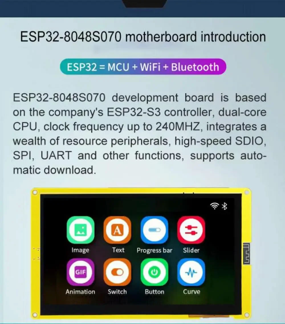 ESP32-S3 7 "สมาร์ทหน้าจอ 7.0 นิ้ว RGB LCD TFT โมดูลหน้าจอสัมผัสแบบ Capacitive 8M PSRAM 16M แฟลช ESP32-8048S070C