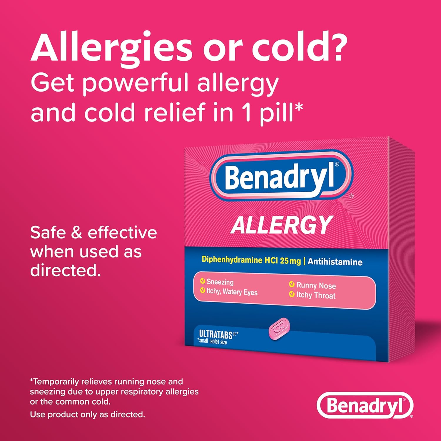 80% Sale!! Exp.07/2025 Benadryl® Ultratabs Allergy Relief Medicine 25 mg,100 Tablets. ยาแก้แพ้ ดิเฟนไฮดรามีน 25 มก.