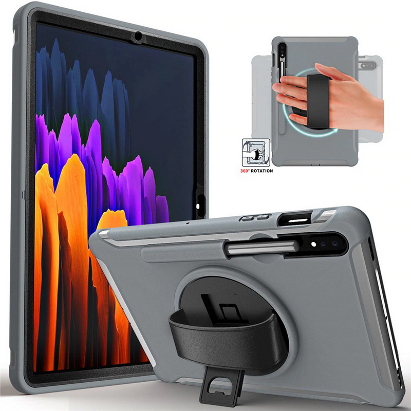 เคส Samsung Galaxy Tab S7 SM-T870 SM-T875 #เคสฝาหลังพลาสติกมีขาตั้งหมุนได้ 360° Swivel Kickstand PC + TPU Tablet Combo Shell with Hand Strap มีสายรัดมือ
