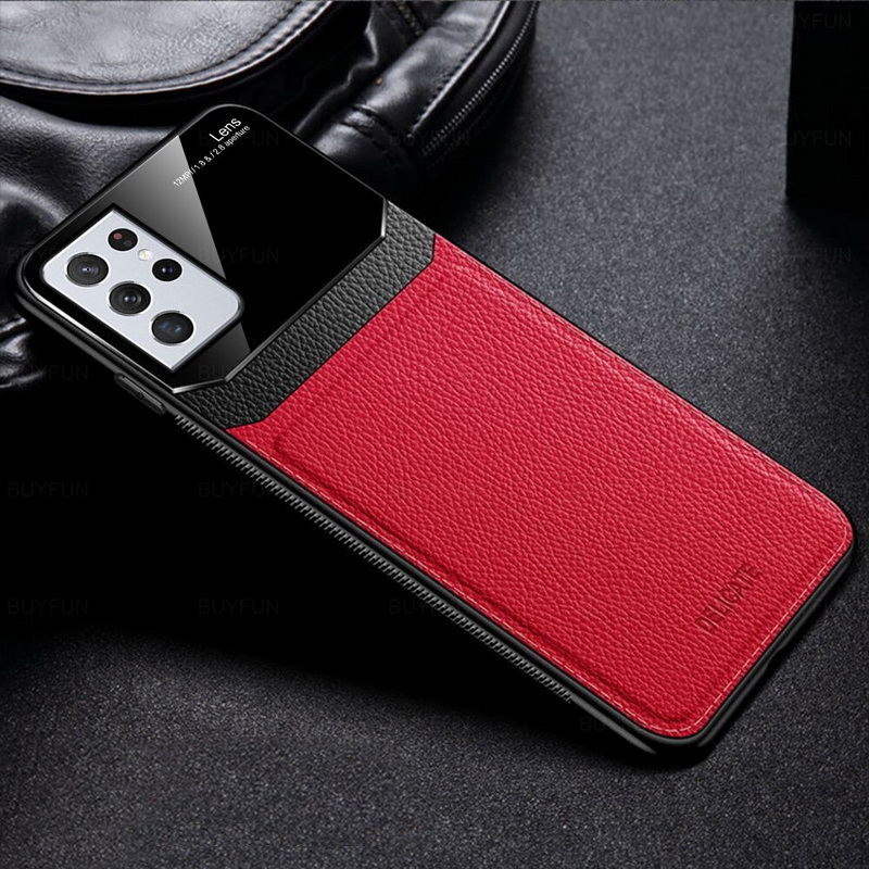เคส Samsung Galaxy S21 Ultra 5G #เคสฝาหลังไฮบริด PU +TPU + glass สีทูโทน Shockproof Leather Mirror Glass Silicone Phone Back Cover
