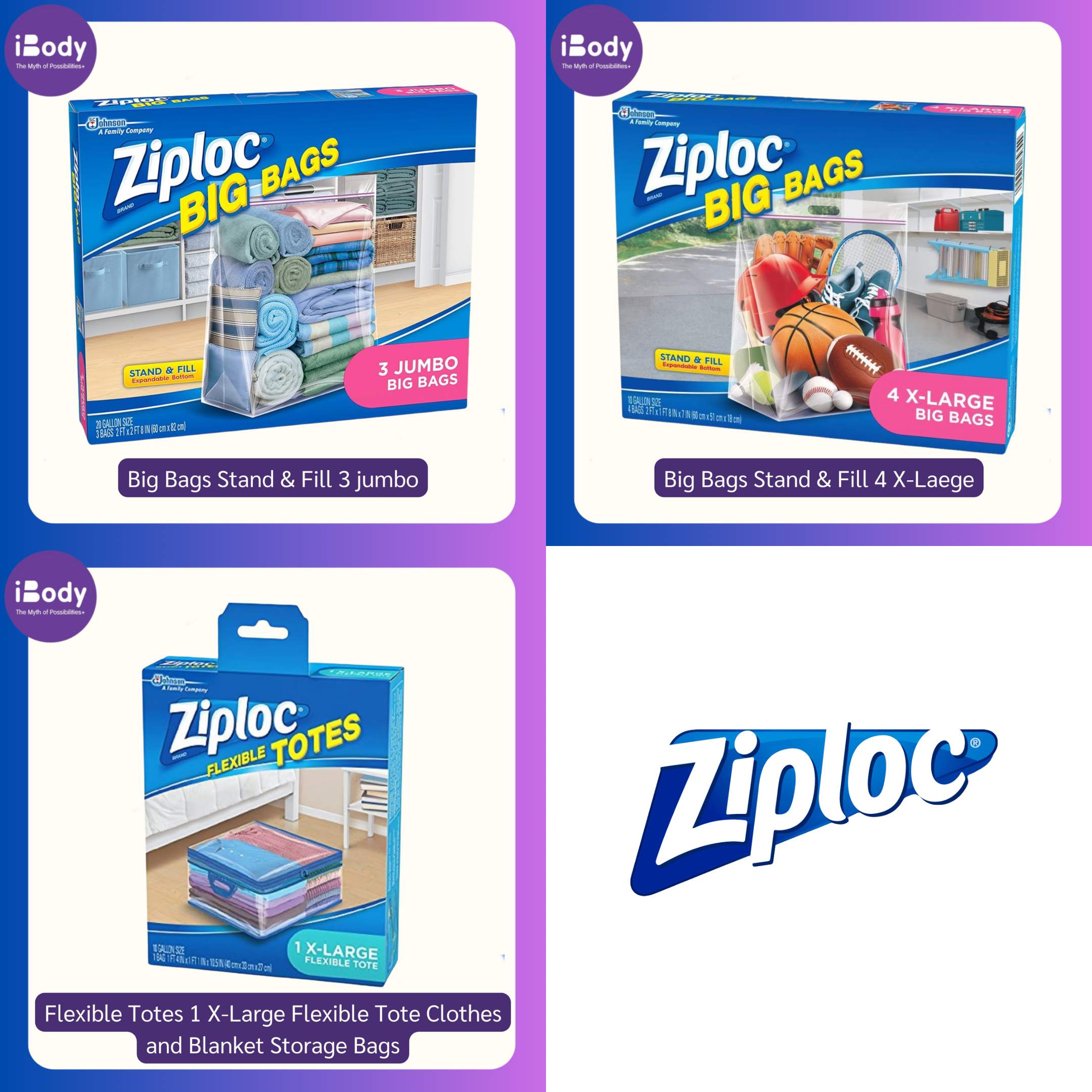 (Ziploc®) Big Bags Stand & Fill Expandable Bottom ถุงจัดเก็บอุปกรณ์ เก็บเสื้อผ้า ผ้าห่ม