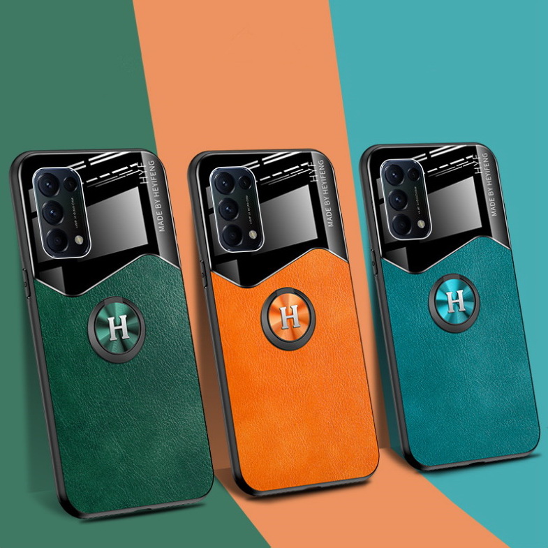 เคส OPPO Reno 5 5G #เคสฝาหลังไฮบริด PU +TPU + glass สีทูโทนมีแหวนสวมนิ้ว Shockproof Leather Mirror Glass Silicone Phone Back Cover