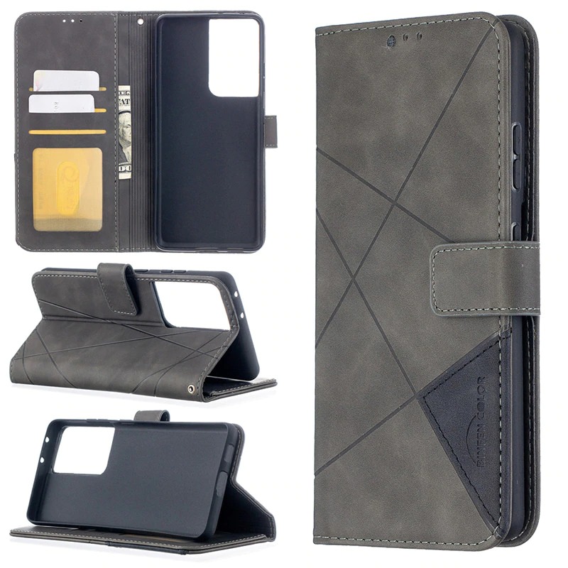 เคส Samsung Galaxy S21 Ultra #เคสฝาพับหนัง PU มีช่องเสียบ ID บัตรอื่นๆในตัว Geometric Pattern Leather Card Holder Protective