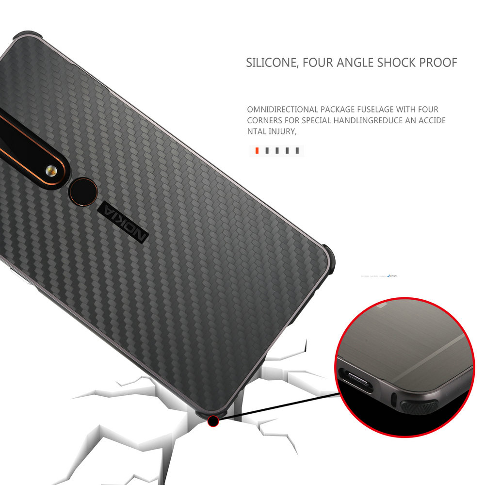 เคส Nokia 6.1 2018 (5.5 นิ้ว) #เคสฝาหลังขอบกันชนโลหะ Electroplated + Carbon Panel แผ่นหลังพลาสติกเลื่อนสไลด์