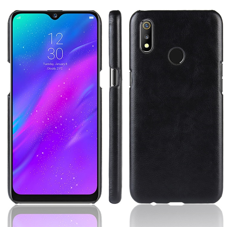 เคส Realme 3 Pro #เคสฝาหลังพลาสติกแข็งเคลือบหนัง PU ลายผิวลิ้นจี่ Litchi Skin Leather Coated