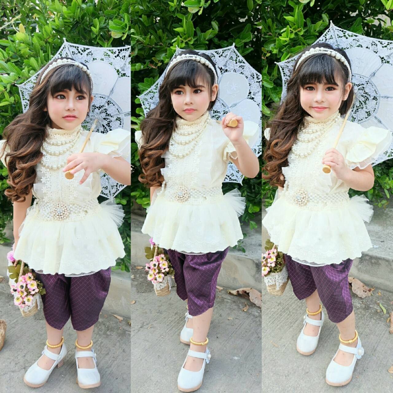 ชุดไทยเด็กหญิง เสื้อลูกไม้กับโจง