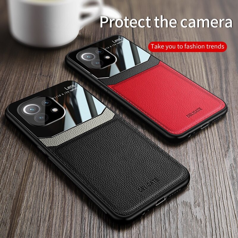 เคส Xiaomi Mi 11 Lite #เคสฝาหลังไฮบริด PU +TPU + glass สีทูโทน Shockproof Leather Mirror Glass Silicone Phone Back Cover