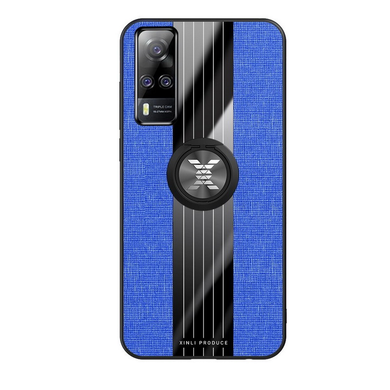 เคส Vivo Y31 2021 #เคสฝาหลังเคลือบผ้าเนื้อมีแหวนสวมนิ้ว TPU ไฮบริด+อะคริลิ + แหวนโลหะ Fashion Woven Cloth Casing Finger Ring Holder Back Case
