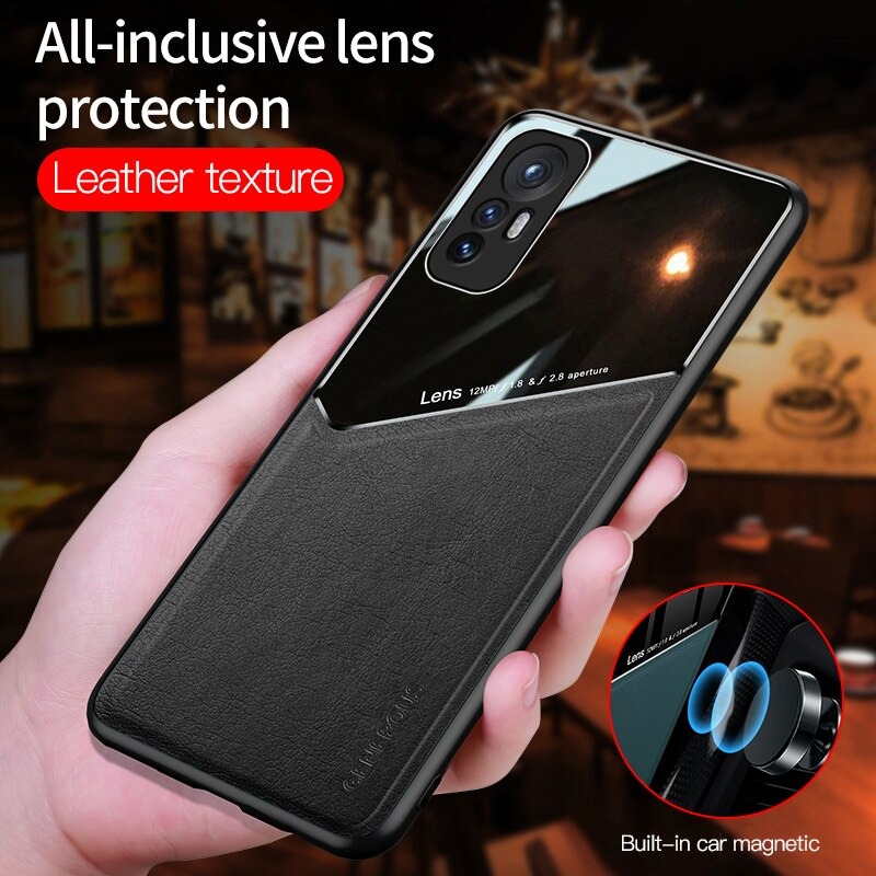 เคส Xiaomi 12 Pro #เคสฝาหลังไฮบริด PU +TPU + glass สีทูโทน Shockproof Leather Mirror Glass Silicone Phone Back Cover