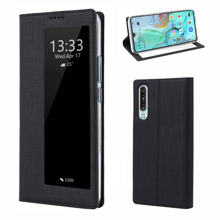 เคส Huawei P30 #เคสฝาพับหนังฝาพับมีช่องวิวด้านข้าง VILI DMX Cross Texture View Window Leather