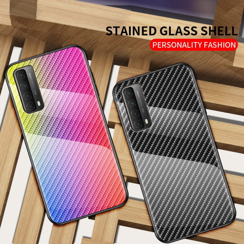 เคส Huawei Y7a #เคสฝาหลัง Gradient Color ลายคาร์บอนไฟเบอร์ Carbon fiber texture Glass Hybrid Soft Silicone Cover