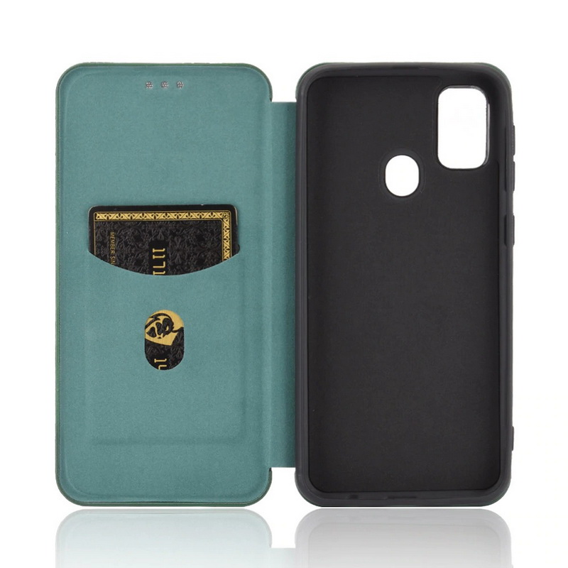 เคส Samsung Galaxy M21 #เคสฝาพับลายคาร์บอนไฟเบอร์มีช่องใส่การ์ด Carbon Fiber Wallet Card Slot Magnet Stand Phone Cover