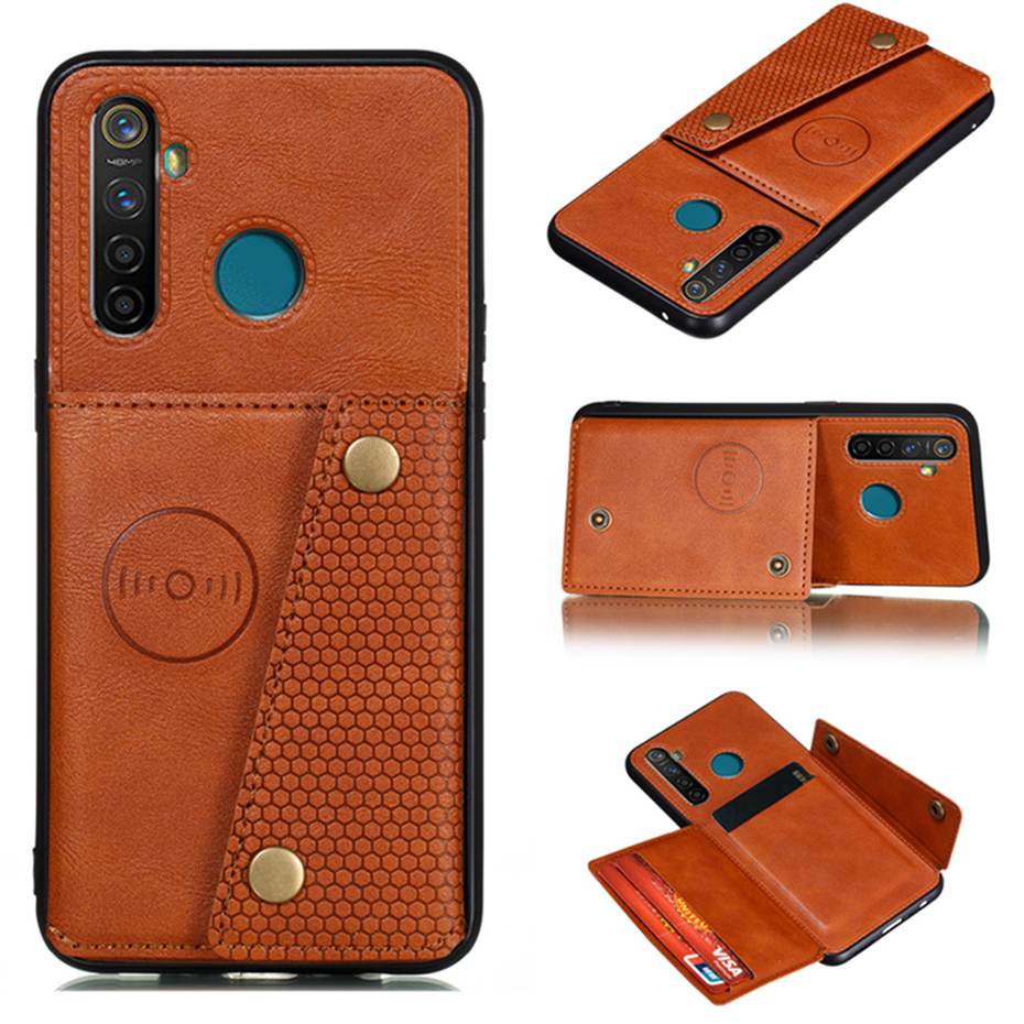 Case realme 5i #เคสฝาหลัง TPU เคลือบหนัง PU มีที่เก็บบัตร PU Leather Coated TPU Card Holder Magnetic Kickstand