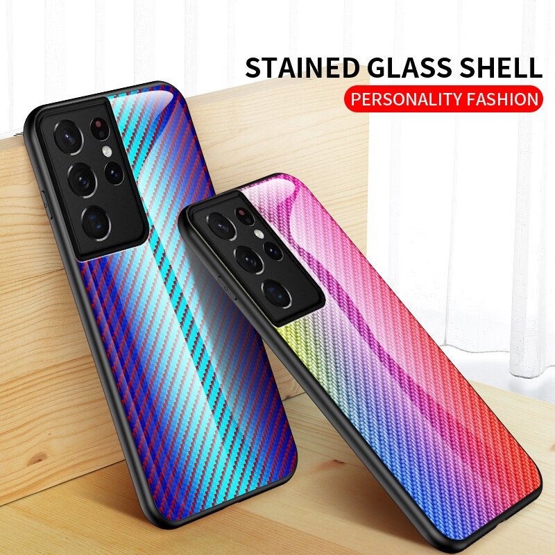 เคส Samsung Galaxy S21 Ultra #เคสฝาหลัง Gradient Color ลายคาร์บอนไฟเบอร์ Carbon fiber texture Glass Hybrid Soft Silicone Cover
