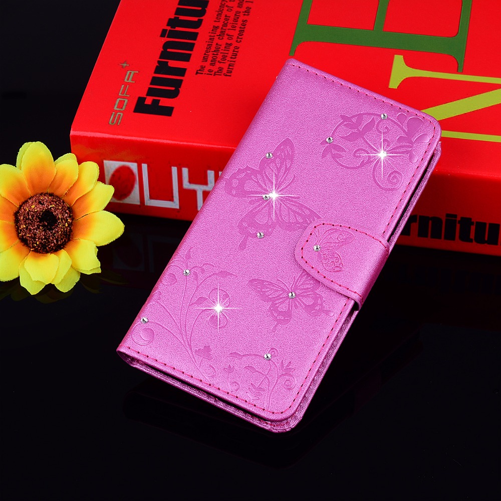 เคส Samsung Galaxy A8 (2018) #เคสฝาพับหนัง PU พิมพ์ลายดอกไม้ผีเสื้อประดับ Rhinestone