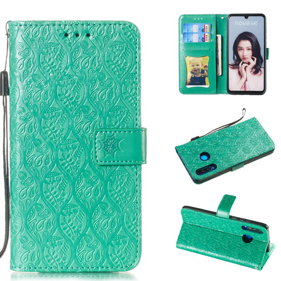 Case Huawei P30 Lite #เคสฝาพับหนัง PU Imprint Rattan Flower Pattern Wallet Flip Leather Phone Cover with Strap