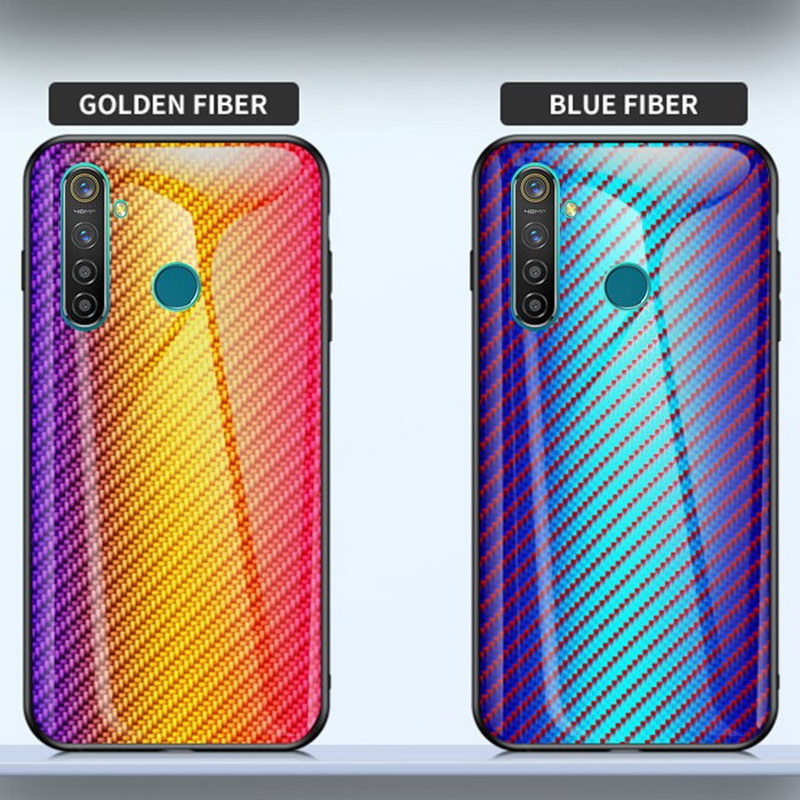 Case Realme 5 Pro #เคสฝาหลัง Gradient Color ลายคาร์บอนไฟเบอร์ Carbon fiber texture Glass Hybrid Soft Silicone Cover