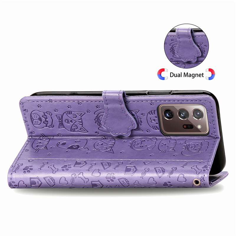 เคส Samsung Galaxy Note 20 / Note 20 5G#เคสฝาพับลายการ์ตูนย์แถบปิดแม่เหล็กพับตั้งได้ Cat And Dog Pattern Card Slot Wallet Phone Case