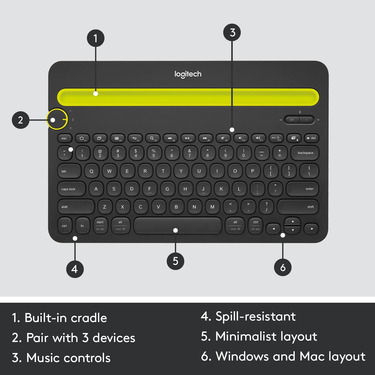 Logitech® Multi-Device K480 Bluetooth Keyboard, Black โลจิเทค คีย์บอร์ด บลูทูธ เชื่อมต่อได้หลายอุปกรณ์