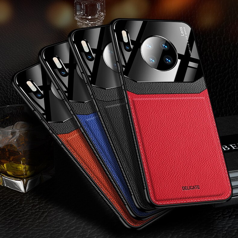 Case Huawei Mate 30 Pro #เคสฝาหลังไฮบริด PU +TPU + glass สีทูโทน Shockproof Leather Mirror Glass Silicone Phone Back Cover