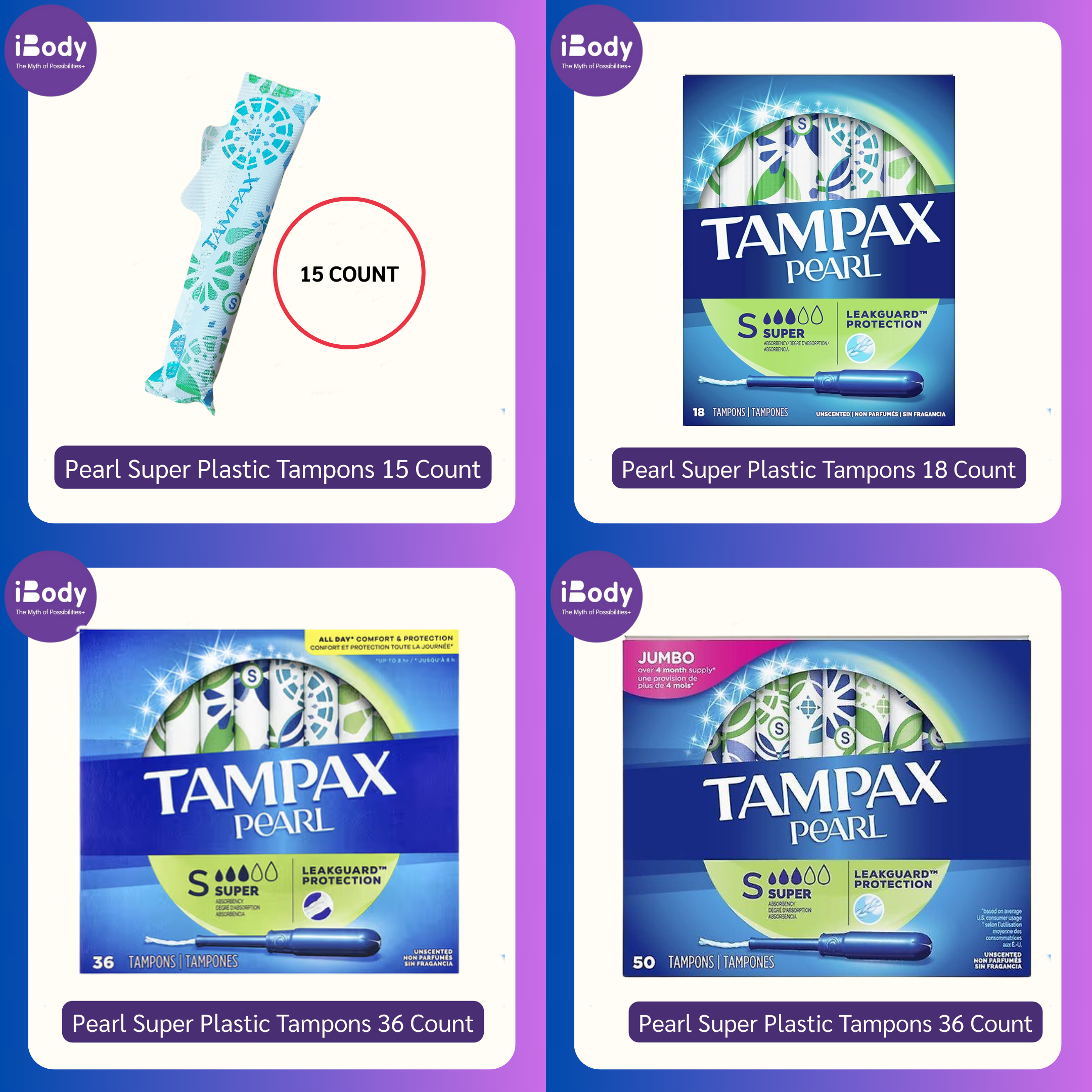 ผ้าอนามัยแบบสอด เหมาะกับวันมาปกติ Pearl Super Plastic Tampons 5, 15, 18, 36, 50 Count (Tampax®)