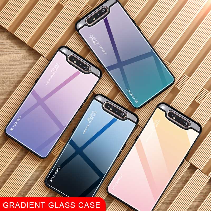 Case Samsung Galaxy A80 # (พร้อมส่ง) เคสฝาหลัง กระจกสีไล่โทนสี Glass + PC + TPU Hybrid Case สี น้ำเงิน/ม่วง